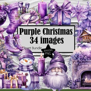 Christmas Clipart Purple Watercolor Purple Christmas PNG Bundle Purple Christmas Stocking PNG Snowman Clipart Christmas Tree Sublimation Art