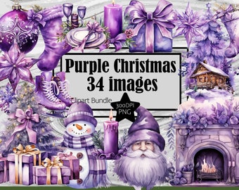 Christmas Clipart Purple Watercolor Purple Christmas PNG Bundle Purple Christmas Stocking PNG Snowman Clipart Christmas Tree Sublimation Art