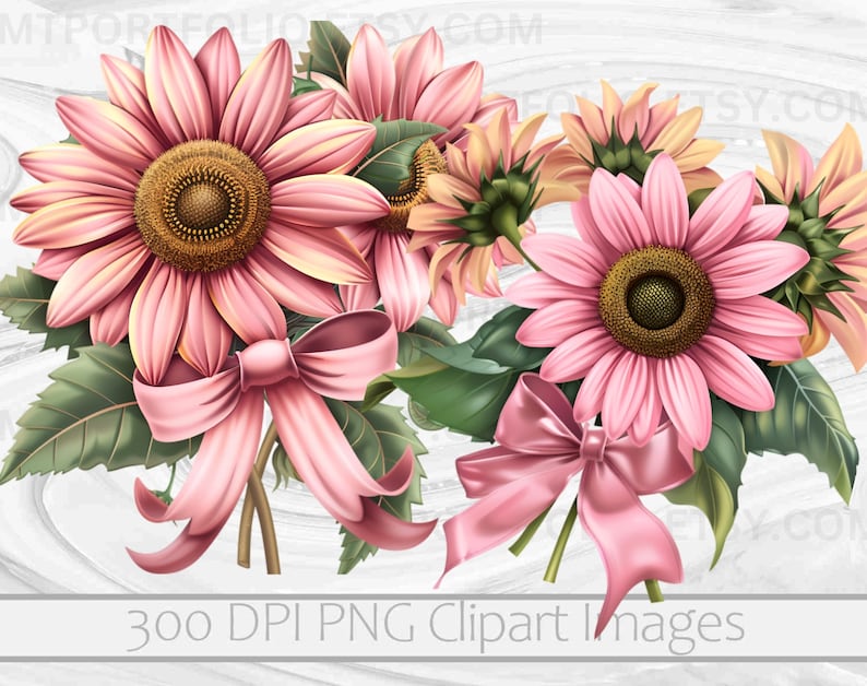 K&ouml;nnte beinhalten: Ein Strau&szlig; rosa Sonnenblumen mit gr&uuml;nen Bl&auml;ttern und rosa Schleifen. Die Sonnenblumen haben einen gelben Kern und sind in einer Traube angeordnet. Der Hintergrund ist eine wei&szlig;e Holzmaserung.