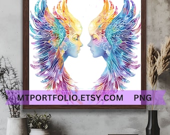 Winged Angel Faces Printable Art Opposing Faces Wall Art Stained Glass Angel Art Mirror Rainbow Wing Faces Modern Art - Instant Download