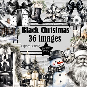 Kerst clipart zwart wit aquarel zwarte kerst png bundel zwarte kerstsok png, sneeuwpop clipart kerstboom sublimatie png