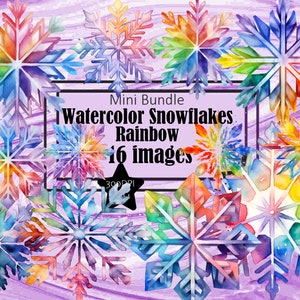 May include: A digital download of 16 watercolor snowflake images in rainbow colors. The snowflakes are arranged in a cluster on a purple background. The text "Mini Bundle Watercolor Snowflakes: Rainbow 16 images 300 DPI" is in a black rectangle.