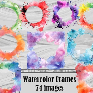 May include: A set of 74 watercolour frames in various colours, including blue, green, red, orange, and purple. The frames are ideal for adding a touch of whimsy to your digital designs.