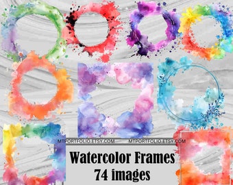 May include: A set of 74 watercolour frames in various colours, including blue, green, red, orange, and purple. The frames are ideal for adding a touch of whimsy to your digital designs.