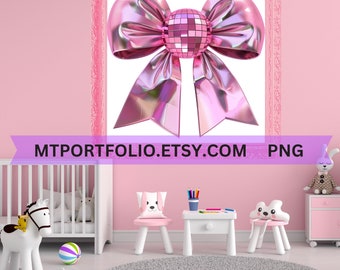 Pink Mirror Ball Glam Bow Printable Art Pink Disco Wall Art Pink Glitter Disco Bow Glam College Dorm Room Modern Art - Instant Download