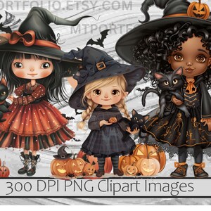 May include: Three digital illustrations of witches with black cats. The witches are wearing black and orange costumes and hats. The witches have black hair and brown eyes. The cats are black with green eyes. The background is a white and gray swirl pattern. 300 DPI PNG Clipart Images.