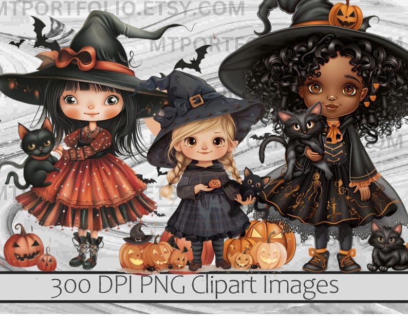 May include: Three digital illustrations of witches with black cats. The witches are wearing black and orange costumes and hats. The witches have black hair and brown eyes. The cats are black with green eyes. The background is a white and gray swirl pattern. 300 DPI PNG Clipart Images.