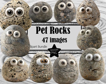 Pet Rock Clipart Retro 70's Toy PNG Googly Eyes Gag Gift Bundle PNG Graphics Transparent Commercial Use Digital Download Sublimation TShirt