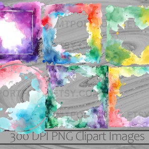 May include: Set of six watercolor frames in various colors, including purple, red, orange, yellow, green, and blue. The frames are all square and have a slightly distressed look. They are perfect for adding a touch of whimsy to your digital designs.