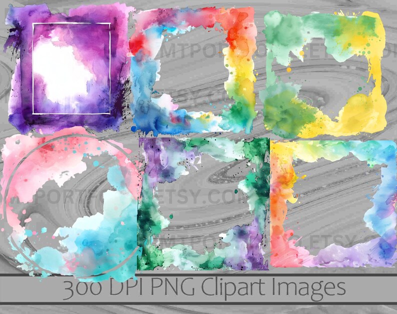 May include: Set of six watercolor frames in various colors, including purple, red, orange, yellow, green, and blue. The frames are all square and have a slightly distressed look. They are perfect for adding a touch of whimsy to your digital designs.