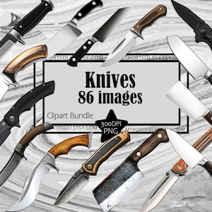May include: A digital clipart bundle of 86 images of various knives. The knives are in different styles, including hunting knives, kitchen knives, and pocket knives. The images are high-resolution and perfect for use in digital projects.