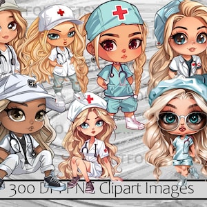 Pode incluir: Cinco ilustra&ccedil;&otilde;es de desenhos animados de enfermeiras com cabelo loiro usando diferentes uniformes e gorros coloridos. As enfermeiras usam estetosc&oacute;pios e algumas seguram equipamentos m&eacute;dicos.