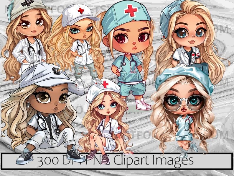 Pode incluir: Cinco ilustra&ccedil;&otilde;es de desenhos animados de enfermeiras com cabelo loiro usando diferentes uniformes e gorros coloridos. As enfermeiras usam estetosc&oacute;pios e algumas seguram equipamentos m&eacute;dicos.