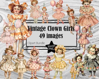 Vintage Clown Clipart Girl Clown PNG Balloon Ruffle Clown Bundle PNG Graphic Transparent Commercial Use Digital Download Sublimation Journal