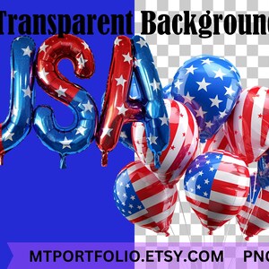 Peut inclure: Ballons USA rouges, blancs et bleus avec des motifs d'&eacute;toiles et de rayures. Un groupe de ballons similaires est &eacute;galement pr&eacute;sent. L'image contient le texte "Transparent Backgrounds" et "MTportfoliO.etsy.com PNG".