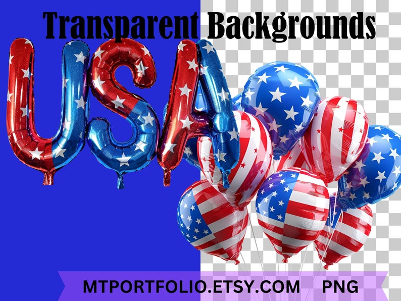 Peut inclure: Ballons USA rouges, blancs et bleus avec des motifs d'&eacute;toiles et de rayures. Un groupe de ballons similaires est &eacute;galement pr&eacute;sent. L'image contient le texte "Transparent Backgrounds" et "MTportfoliO.etsy.com PNG".