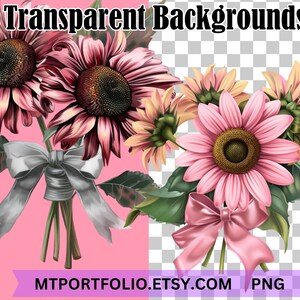 K&ouml;nnte beinhalten: Ein Strau&szlig; aus rosa und burgunderfarbenen Sonnenblumen mit gr&uuml;nen Bl&auml;ttern, die mit einem silbernen Band zusammengebunden sind. Der Strau&szlig; befindet sich auf einem rosa Hintergrund. Der Text "MTPORTFOLIO.ETSY.COM PNG" befindet sich am unteren Rand des Bildes.