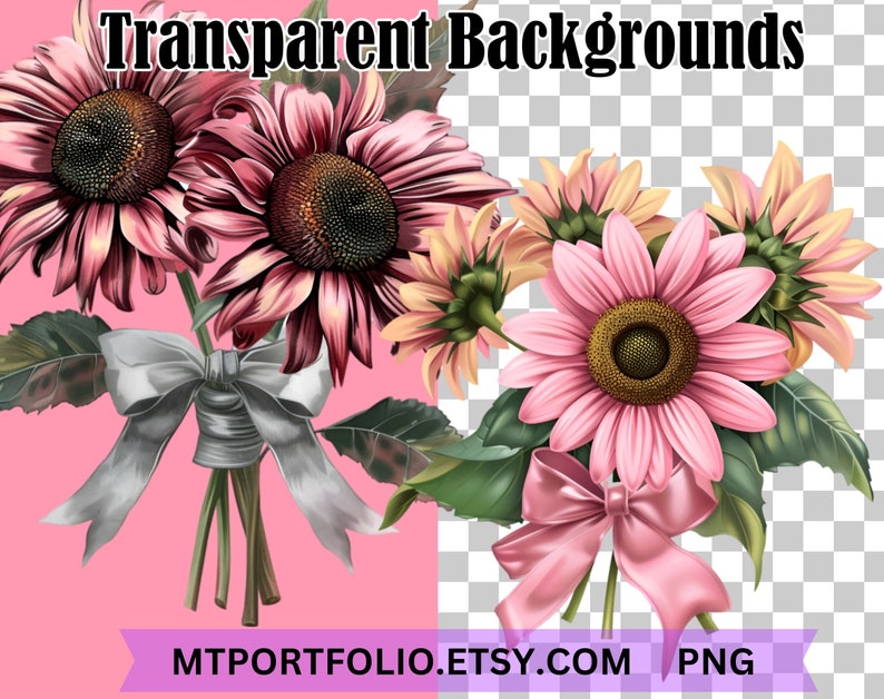 K&ouml;nnte beinhalten: Ein Strau&szlig; aus rosa und burgunderfarbenen Sonnenblumen mit gr&uuml;nen Bl&auml;ttern, die mit einem silbernen Band zusammengebunden sind. Der Strau&szlig; befindet sich auf einem rosa Hintergrund. Der Text "MTPORTFOLIO.ETSY.COM PNG" befindet sich am unteren Rand des Bildes.