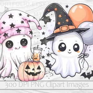 May include: Two cute cartoon ghosts with big eyes. One ghost is wearing a pink and white hat with stars and holding a pumpkin. The other ghost is wearing a black witch hat with stars and holding a balloon. Both ghosts are on a white background with stars.