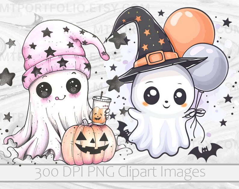 May include: Two cute cartoon ghosts with big eyes. One ghost is wearing a pink and white hat with stars and holding a pumpkin. The other ghost is wearing a black witch hat with stars and holding a balloon. Both ghosts are on a white background with stars.