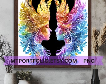 Winged Angel Faces Printable Art Opposing Faces Wall Art Space Fantasy Angel Art Mirror Rainbow Wing Faces Modern Art - Instant Download
