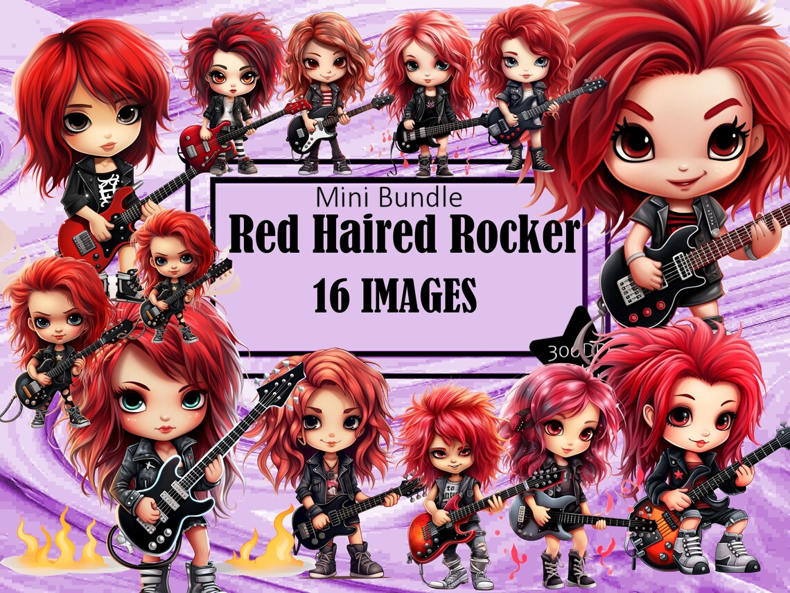 Red Hair Rocker Girl Guitar Chibi Kawaii Art Clipart Graphics ...