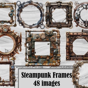 May include: A set of eight steampunk-style frames with intricate gears, pipes, and metal details. The frames are in various shapes and sizes, including round, square, and rectangular. The frames are perfect for adding a vintage, industrial look to your projects.