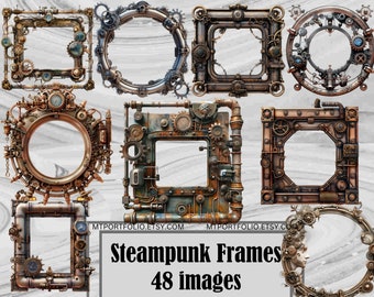 May include: A set of eight steampunk-style frames with intricate gears, pipes, and metal details. The frames are in various shapes and sizes, including round, square, and rectangular. The frames are perfect for adding a vintage, industrial look to your projects.