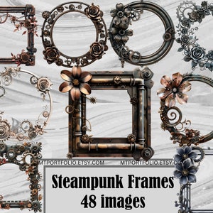 Pode incluir: Conjunto de 10 molduras steampunk digitais com engrenagens, engrenagens e designs florais intrincados. As molduras são de várias formas, incluindo círculos, quadrados e retângulos. As molduras são perfeitas para adicionar um toque vintage, industrial e caprichoso aos seus projetos digitais.