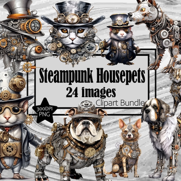 Steampunk Mechanical Housepets Dogs Cats Graphics Transparent Commercial License Incl. ~Digital Download Sublimation Junk Journal