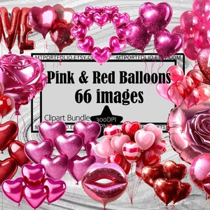Balões vermelhos rosa PNG Valentine Heart Graphics Transparente Comercial Digital Download Sublimação Junk Journal Balões de festa Clipart