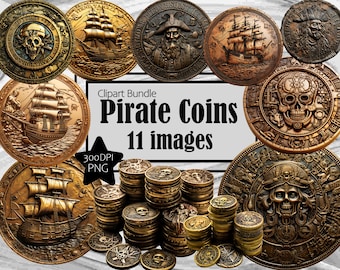 Ancient Pirate Coins Realistic Clipart Pirates Treasure Hunt PNG Instant Download for Commercial Use Clipart Set Commercial Use