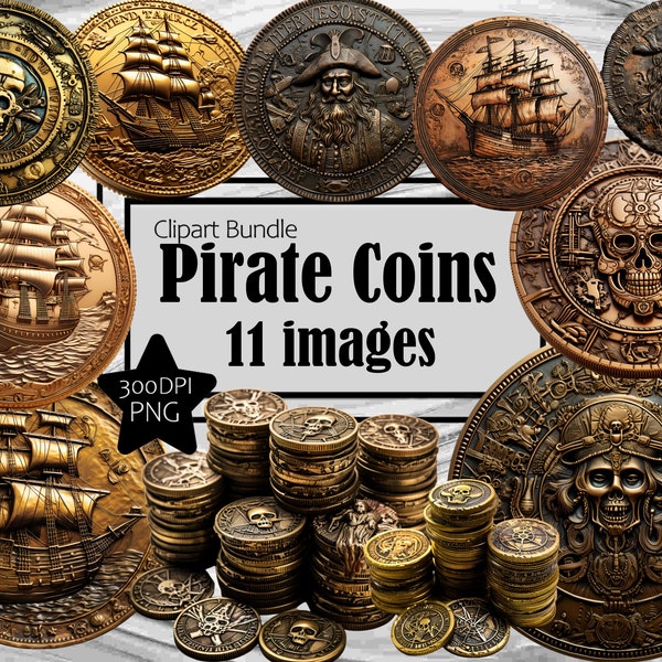 Antiche monete pirata Clipart realistiche Pirati caccia al tesoro PNG Download istantaneo per uso commerciale Set di clipart per uso commerciale