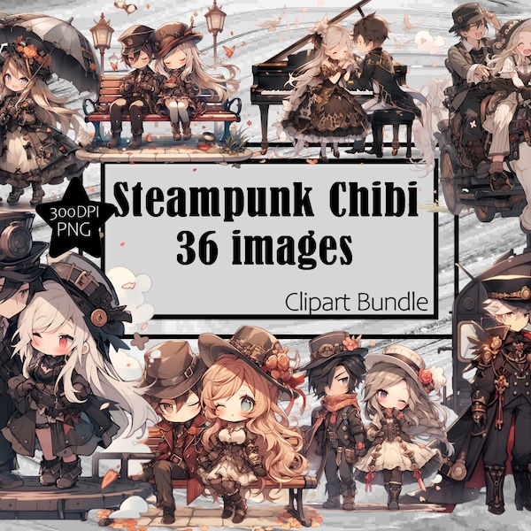 Steampunk Chibi Clipart Cute Couple Clipart PNG Graphics Transparent Commercial Use License Digital Download Chibi Sublimation Junk Journal