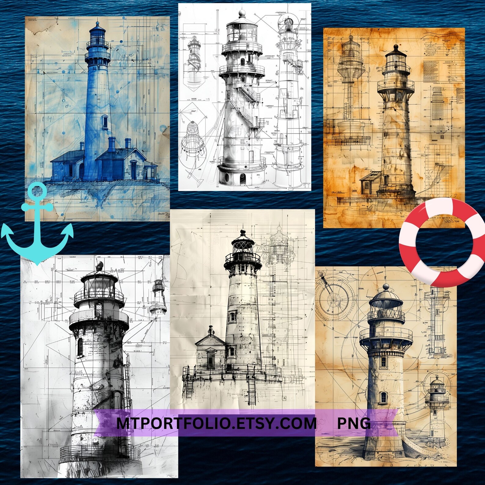 Lighthouse Blueprints Patent Drawings PNG Printable Schematic Vintage ...