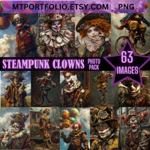 Páginas de clipart de palhaços steampunk, palhaço assustador, imprimível, fotos de esquisitices vintage, efêmeras assustadoras digitais, lixo de terror, diário de recortes, suprimentos