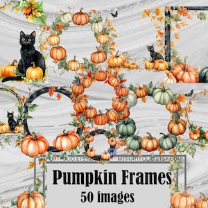 May include: A collection of 50 digital images featuring pumpkin frames with black cats and fall foliage. The frames are perfect for adding a touch of autumn charm to your crafts and designs.