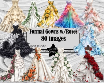 Formal Gown Clipart Dress Rose PNG ELegant Dress with Flowers Graphic Transparent Commercial Use Digital Download Sublimation Junk Journal