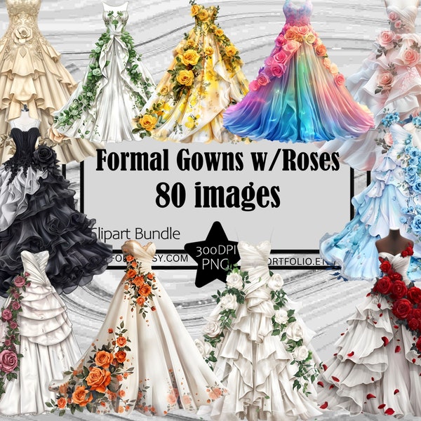 Formal Gown Clipart Dress Rose PNG ELegant Dress with Flowers Graphic Transparent Commercial Use Digital Download Sublimation Junk Journal