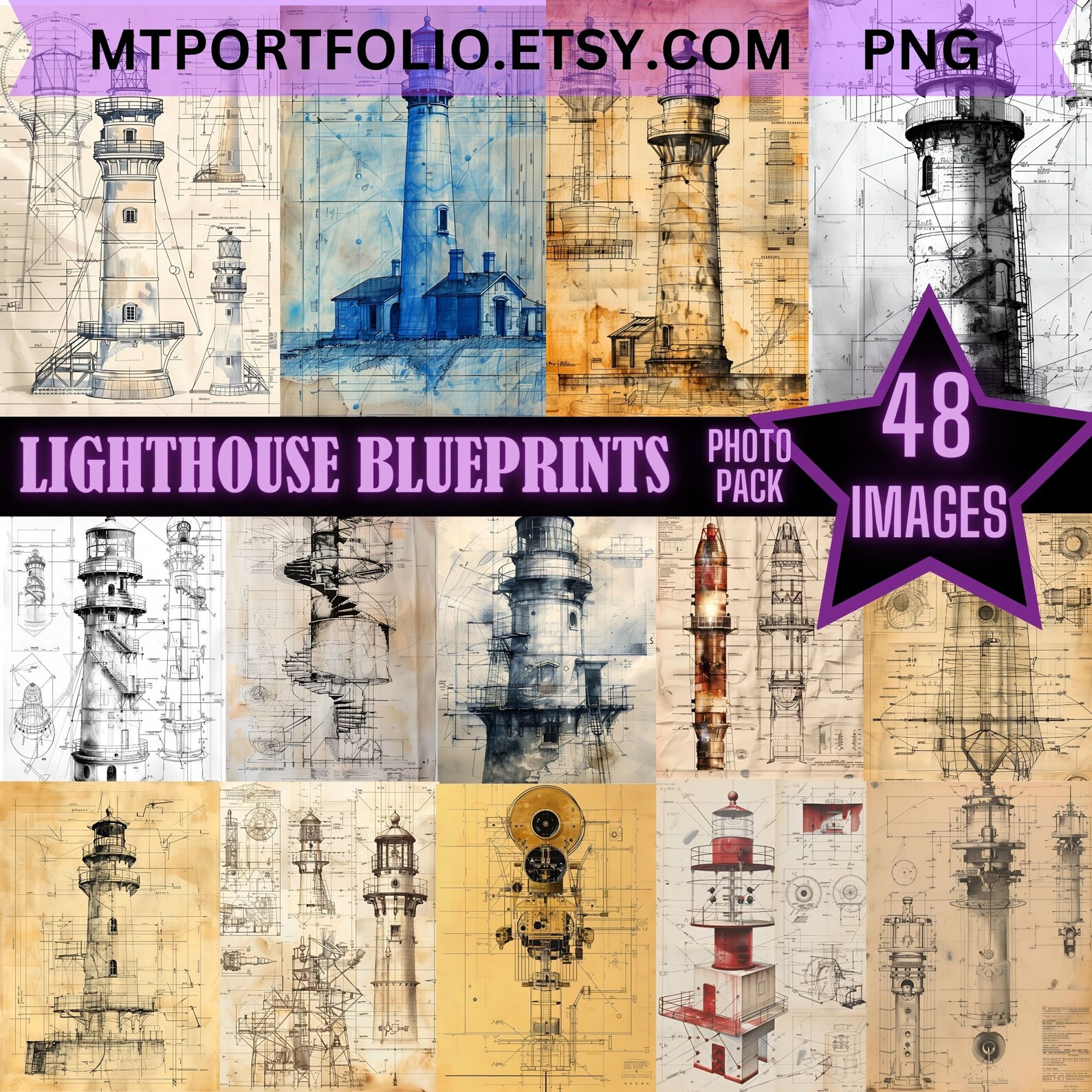 Lighthouse Blueprints Patent Drawings PNG Printable Schematic Vintage ...