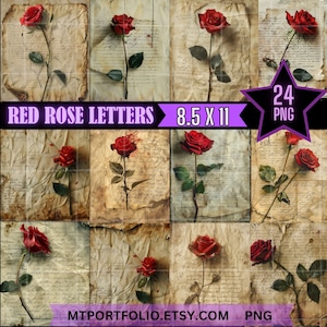 Red Rose Junk Journal digitaal 8,5 x 11 papier, 24 stuks vintage verouderd papier romantische RedRose plakboekpagina afdrukbare Instant Download Light