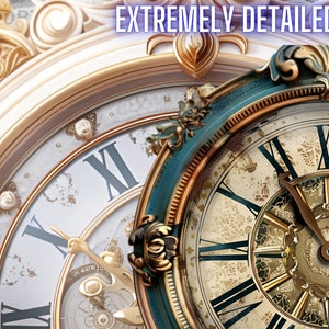 Puede incluir: Dos relojes ornamentados con caras de n&uacute;meros romanos y detalles dorados. El reloj de la izquierda tiene una cara blanca y el reloj de la derecha tiene una cara crema con un borde exterior turquesa.