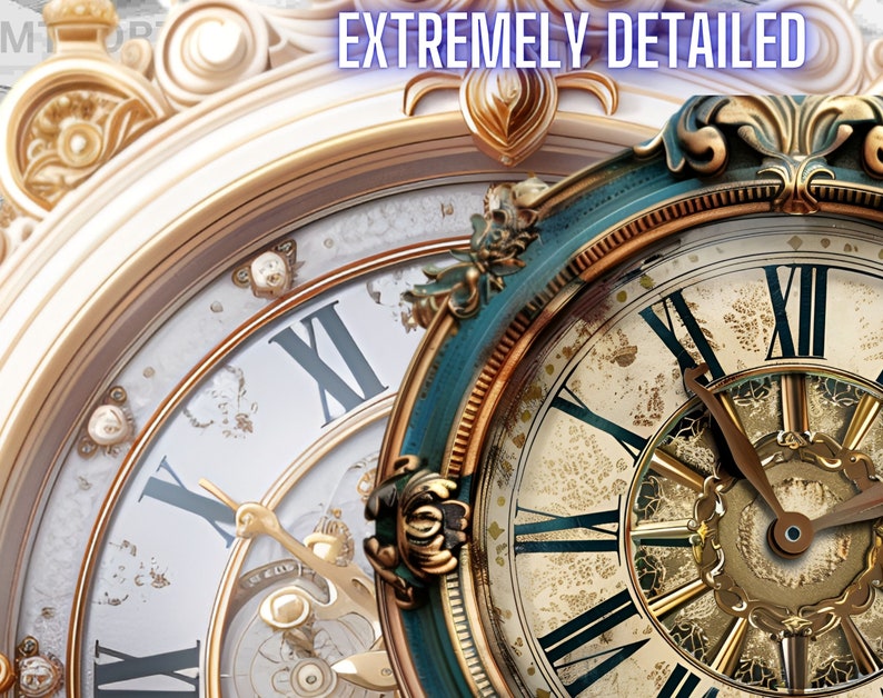 Puede incluir: Dos relojes ornamentados con caras de n&uacute;meros romanos y detalles dorados. El reloj de la izquierda tiene una cara blanca y el reloj de la derecha tiene una cara crema con un borde exterior turquesa.