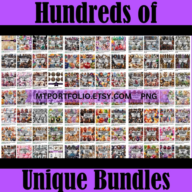 May include: Hundreds of unique digital clipart bundles for download. The image shows a collage of thumbnails of various clipart bundles, including themes like fairy jars, space critters, and more. The text "MTPORTFOLIO.ETSY.COM PNG" is visible in the center of the image.
