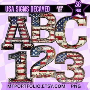 May include: A set of 36 alphabet letters and numbers with a distressed American flag design. The letters and numbers are rusty and have a worn look. The letters are A, B, C, 1, 2, and 3.  The letters and numbers are in a bold, blocky font.