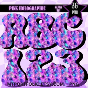Pink Hologram Alphabet PNG Geometric Purple Individual Letters Numbers Clipart Digital Blue Alphabet Hologram Geometric Letters Sublimation