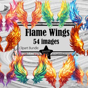 Può includere: Un pacchetto di clipart digitali con 54 immagini di ali di fiamma in vari colori, tra cui rosso, arancione, giallo, verde, blu e viola. Il testo "Flame Wings" e "54 images" sono visualizzati.