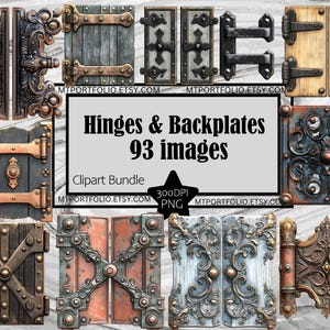 Puede incluir: Un paquete de clipart digital de 93 imágenes con varias bisagras y placas traseras ornamentadas. Las imágenes están en una variedad de estilos, incluyendo gótico, steampunk y medieval. Las imágenes son de 300 DPI y en formato PNG.