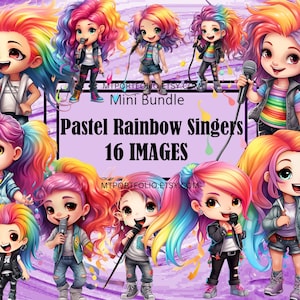 Pastel Rainbow Singer Cantante Ragazza Chibi Kawaii Arte Clipart Grafica Sublimazione Bundle Junk Journal Scrapbook File PNG Trasparente Download