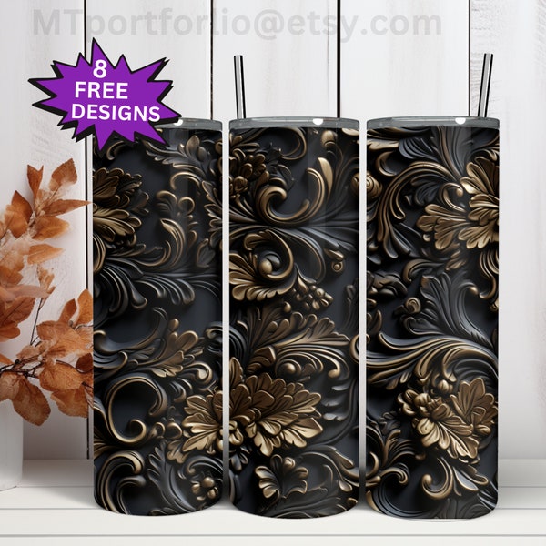 Black and Gold Gothic Damask Tooled Leather 3D Look 20oz Skinny Tumbler Sublimation Design Digital Wrap Waterslide Download PNG 300DPI